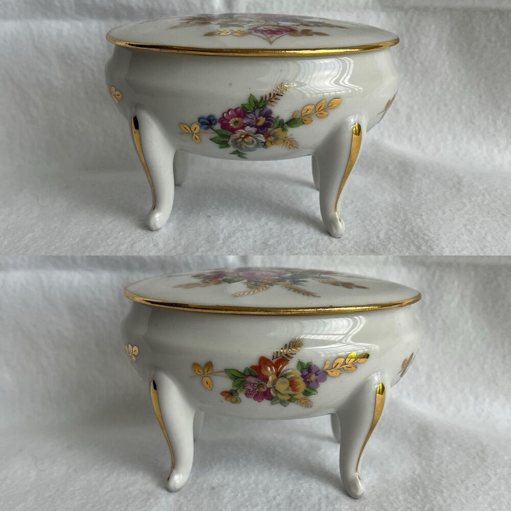 Limoges AHO France pedestal trinket box 4 feet porcelain handpainted flowers#807